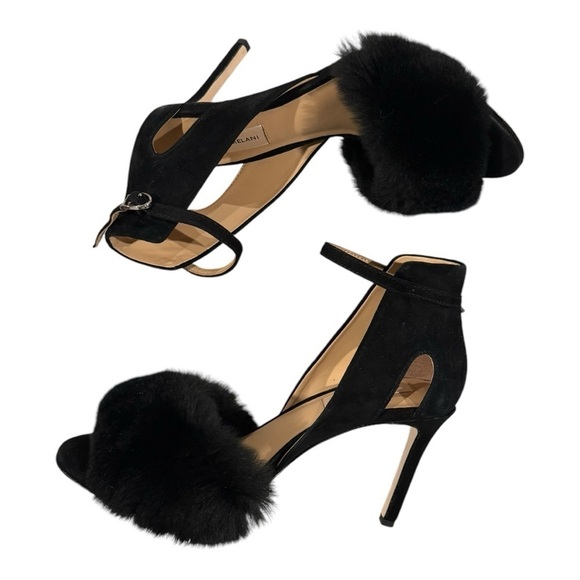 ANTONIO MELANI Kayleigh Rabbit Fur Open Toe Ankle Strap Heels Black Size 9 - Picture 8 of 9